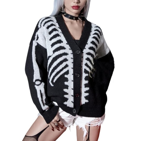 Women's Star Print Cardigan Sweater V Neck Drop Shoulder Long Sleeve - Picture 7 of 7